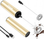Rechargeable Milk Frother Handheld Electric Frother Wand Milk Foamer Drink Mixer for Coffee, Lattes, Cappuccino, and Egg, Stainless Steel for Travel-Beige