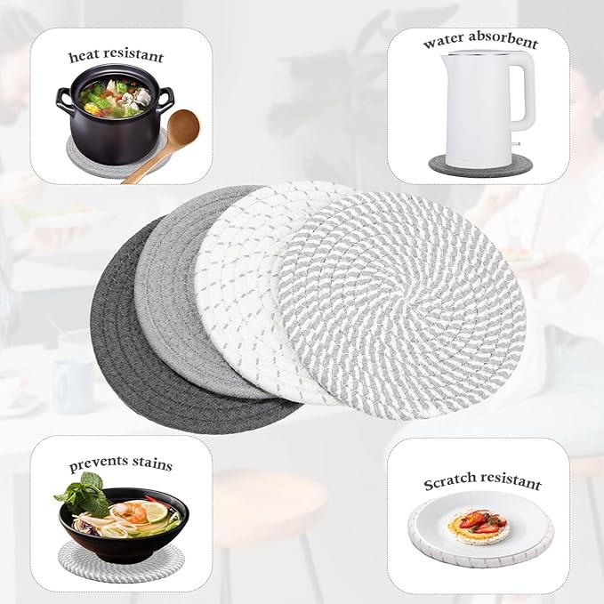 Billbotk 7" Trivets for Dishes, Pots and Pans, 4 Heat Resistant Hot Pads, Pot Holders for Kitchen, Plate Mats for Countertops, Table, Home Essentials, Farmhouse Decor