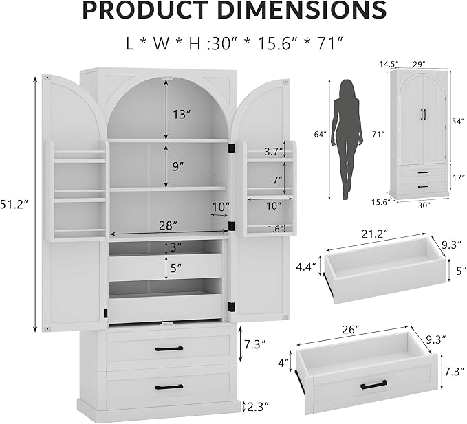 iPormis 71" Tall Kitchen Pantry Storage Cabinet w/Adjustable Shelf, Door Shelves & Large Drawers, Freestanding Kitchen Cupboard for Dining Room/Living Room, White