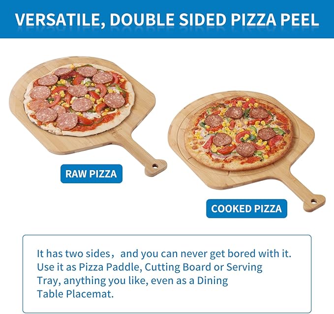 12.6” Bamboo Pizza Peel - Lightweight Smooth Wooden Pizza Paddle and Pizza Cutting Board with 8 Slice Grooves, Outdoor Pizza Oven Accessories, 19.7 Inch x 12.6 Inch