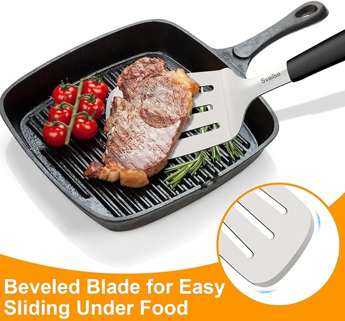 13.4 in Stainless Steel Spatula Set of 2, Heavy Duty Solid & Slotted Metal Spatula with Silicone Handle for Cast Iron Skillet, Egg, Burger and Grilling, Large