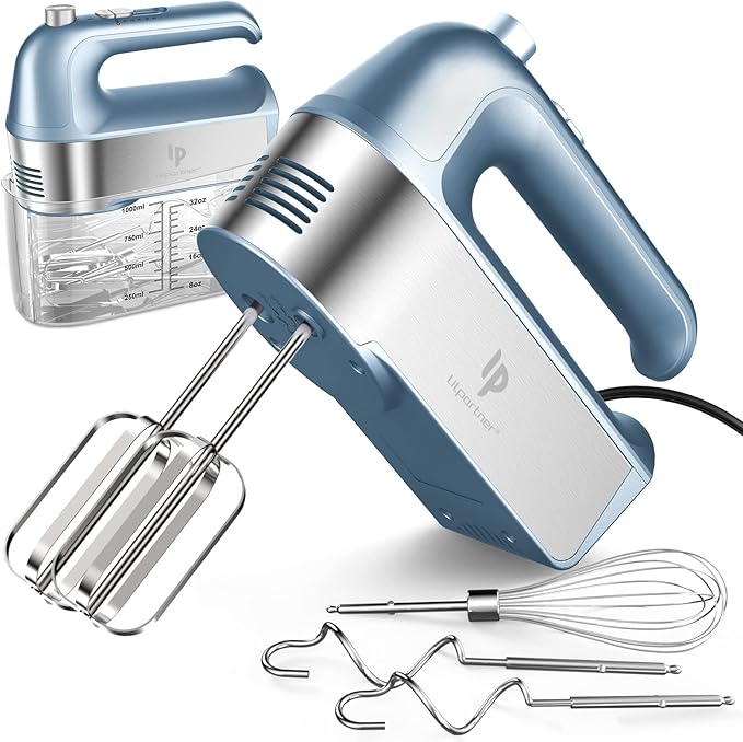 Hand Mixer Electric, 450W Kitchen Mixers with Scale Cup Storage Case, Turbo Boost/Self-Control Speed + 5 Speed + Eject Button + 5 Stainless Steel Accessories, For Easy Whipping Dough,Cream,Cake