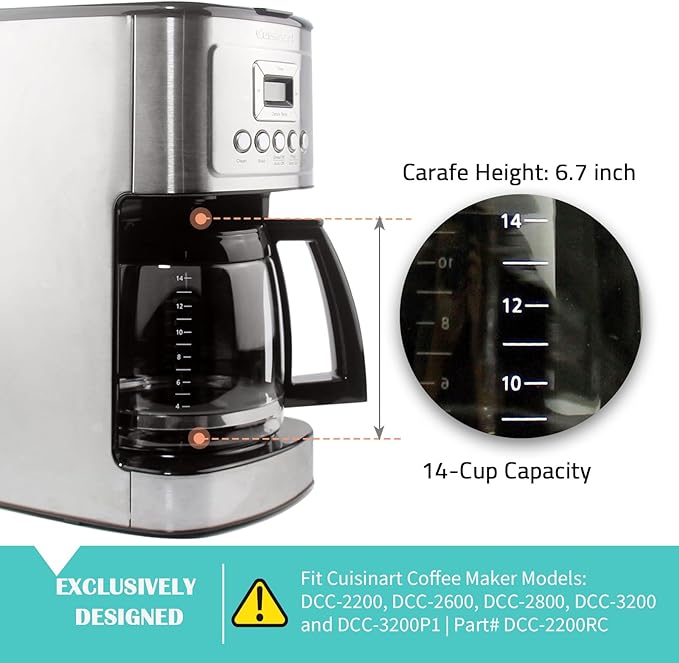 14-Cup Glass Replacement Coffee Carafe Compatible with Cuisinart Coffee Maker Models DCC-2200, DCC-2600, DCC-2800, DCC-3200, and DCC-3200P1, Coffee Pot Decanter Pitcher, Black Handle