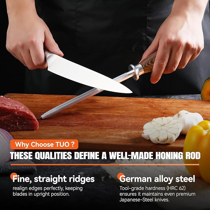 TUO Honing Rod, Sharpening Steel with Larger Diameter for Kitchen Knife Daily Sharpening Maintenance, High Carbon Steel Knife Sharpener Rod, Ergonomic Handle, 8 inch