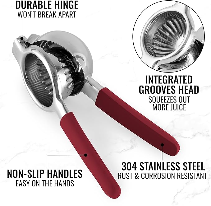 Zulay Kitchen Lemon Squeezer Stainless Steel with Premium Heavy Duty Solid Metal Squeezer Bowl and Food Grade Silicone Handles - Large Manual Citrus Press Juicer and SS Lime Squeezer (Cranberry)
