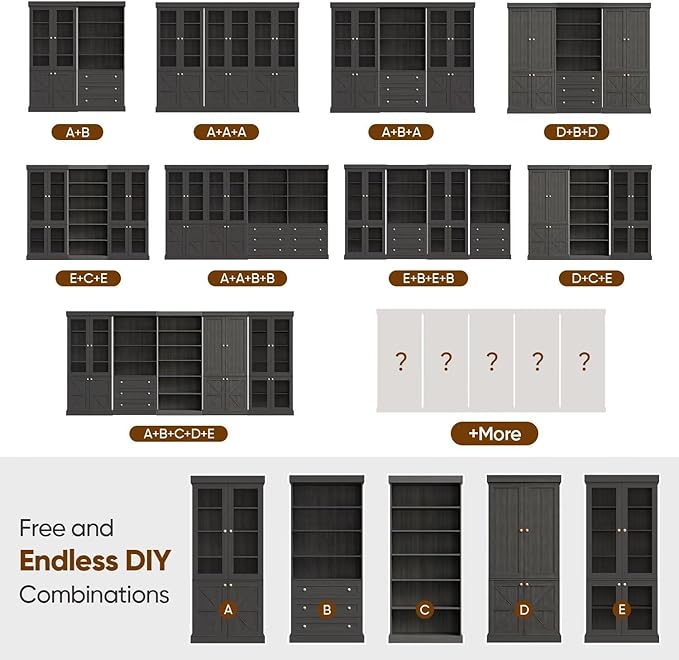 70.8" Tall Black Bookshelf with Glass Doors, Farmhouse Modular Bookcase with 6-Tier Adjustable Shelves, Large Storage Cabinet for Home Office, Living Room, Set of 4