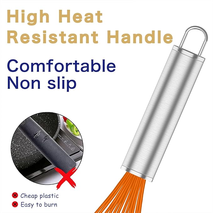 Orange Silicone Whisk, Professional Whisks For Cooking Non-Scratch, Stainless Steel & Silicone Wisk, Plastic Rubber Whisk Tool For Nonstick Cookware Pans, BPA free, Silicon Wisks Set of 3