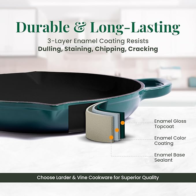 Larder & Vine Enameled Cast Iron Skillet | 10.25 inch Cast Iron Pan | Saute Pan with Pour Spouts | Enamel Coated Cast Iron Skillet | Compatible on All Cooktops & Oven Safe to 500° F | Bondi