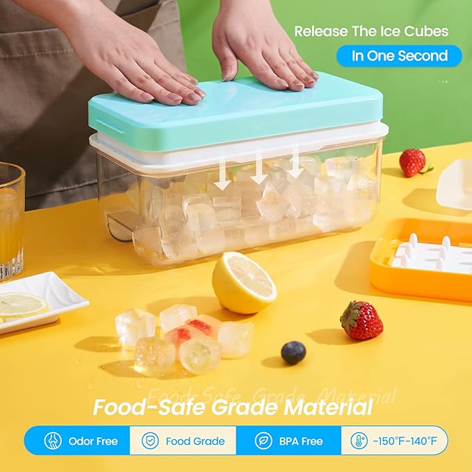Ice Cube Tray with Lid and Bin, PHINOX 64 pcs Ice Trays for Freezer, Ice Cube Trays for Freezer with 2 trays, Container, Lid & Ice Scoop, BPA Free