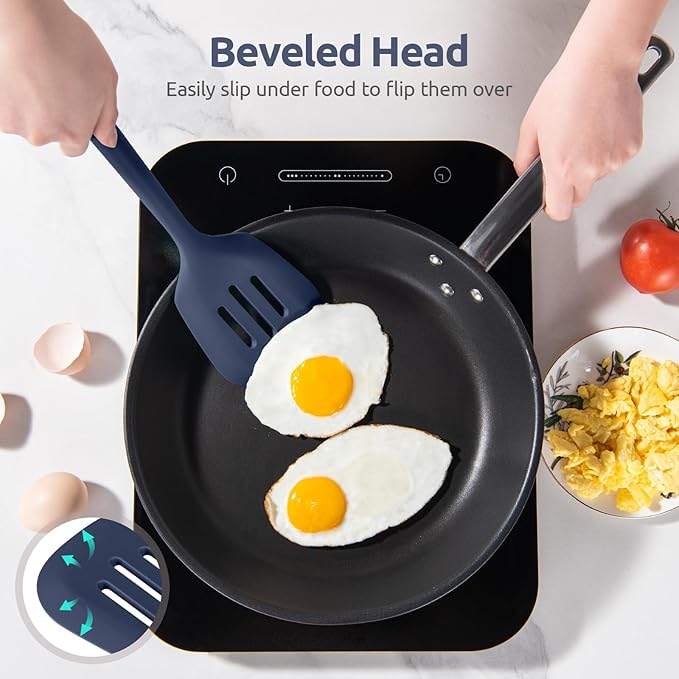600ºF Heat Resistant Silicone Turners: U-Taste 13.6in Long Solid & Slotted Kitchen Spatula Flipper, Food Grade Wide & Large Flexible Cooking Utensils for Flipping Eggs, Pancakes (Midnight Blue, 2PCS)