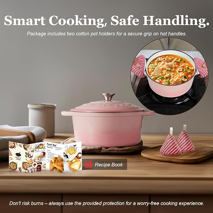 Overmont Enameled Cast Iron Dutch Oven - 4.5QT Pot with Lid Cookbook & Cotton Potholders - Heavy-Duty Cookware for Braising, Stews, Roasting, Bread Baking pink