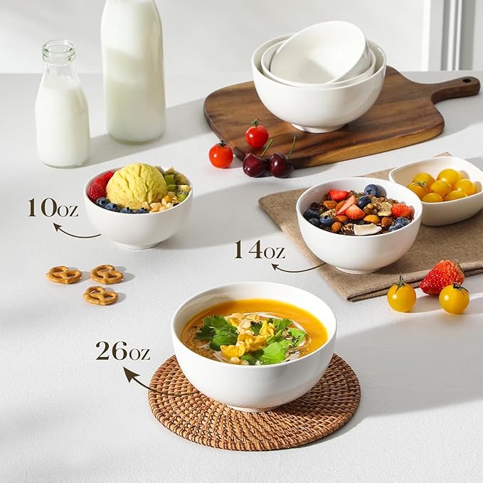MALACASA 26 Oz Porcelain Soup Bowls Set of 4, White Ceramic Bowls for Kitchen, Cereal Bowl for Oatmeal, Fruit, Salad, Ramen and Rice Bowl -Dishwasher & Microwave Safe Bowls