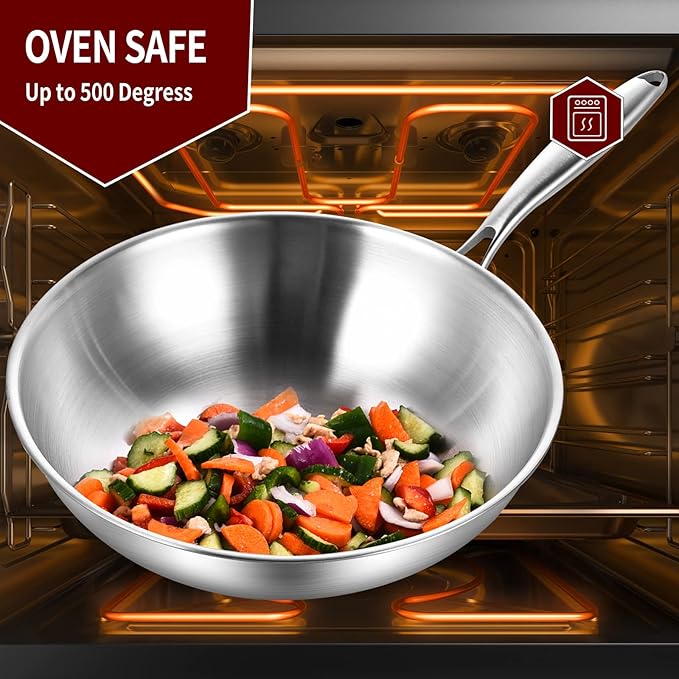 LOLYKITCH 12 Inch Tri-Ply Stainless Steel Wok Pan with Lid,Induction Stir-Fry Pan,Dishwasher and Oven Safe,Heavy Duty and Detachable Handle