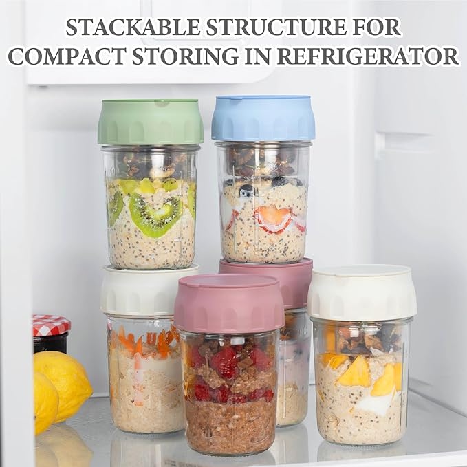 SOLIGT 2 Pack Overnight Oats Containers with Lids, Folding Spoons and Divided Compartments for Fruit & Nuts, Small Glass 16oz Mason Jars for Oatmeal Yogurt Parfait (2 Set-Oat White/Rose Pink)