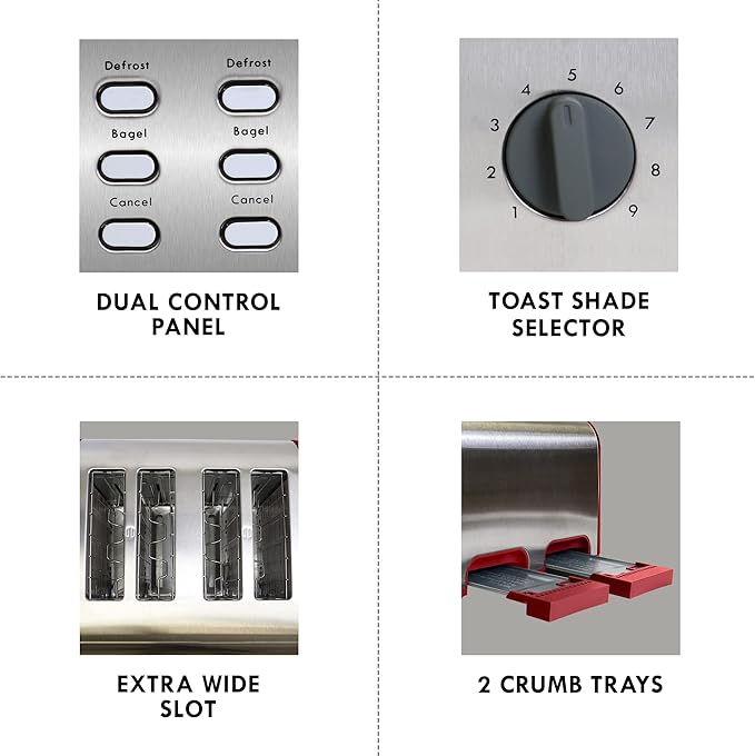 Kenmore Toaster 4 Slice - Extra Wide Slot Countertop Kitchen Appliance, Defrost Function, Grille-Pain, 9 Shade Settings, Compact Design, Easy Clean Crumb Tray, Bread Bagel, Stainless Steel & Red