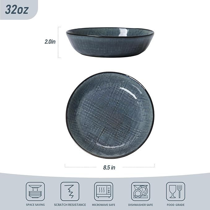 famiware Moonlight 8.5 Inch Pasta Bowls Set of 4, 32oz Serving Bowls for Kitchen, Soup Bowl with Linen Finish, Large Stoneware Bowls for Festivals, Housewarming, Dinnerware, Dark Blue
