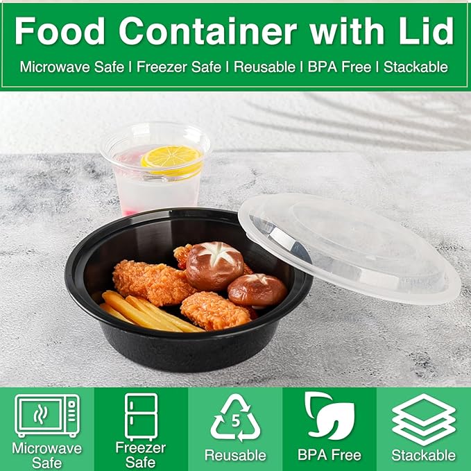 Meal Prep Containers Reusable 50 Pack-29 oz Food Storage Containers with Lids To Go Food Containers Takeout, Microwave Dishwasher Freezer Safe, Stackable, BPA Free, Plastic(Black)