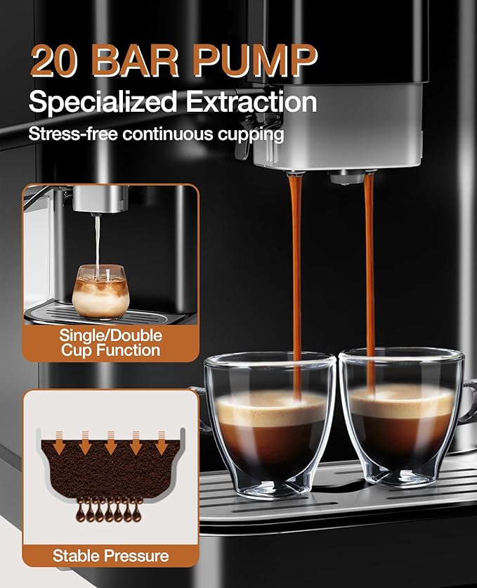 IDEALHOUSE Fully Automatic Espresso Machine with Built-In Grinder and Milk Frother, Touchscreen Control, 20 Bar Pressure, 1.5L Detachable Water Tank, One-Touch Latte & Cappuccino Maker, Black