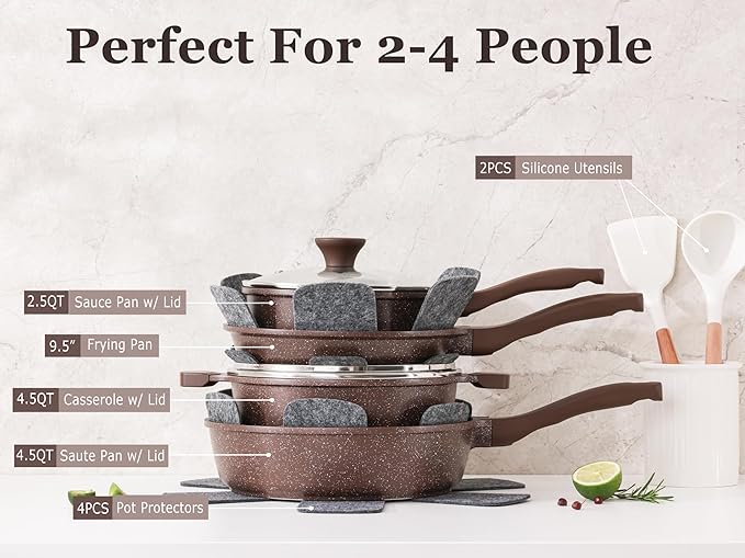 SENSARTE Nonstick Cookware Set 13-Piece, Healthy Pots and Pans Set Kitchen Cooking Set with Stay-Cool Handles, Silicone Utensils and Pot Protectors, PFOA Free