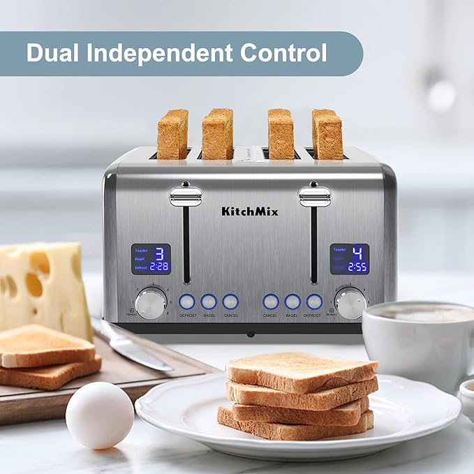 Toaster 4 Slice, KitchMix Bagel Stainless Toaster with LCD Timer, Extra Wide Slots, Dual Screen, Removal Crumb Tray (Stinless steel)