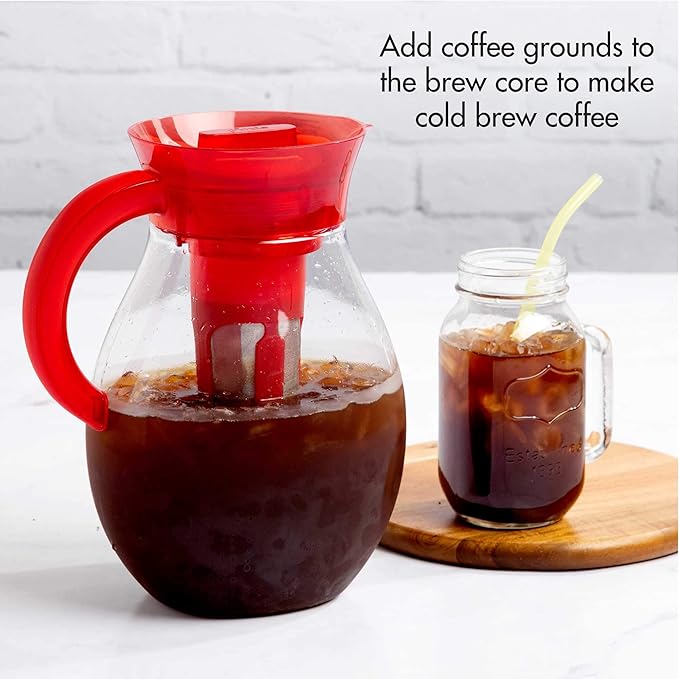 Primula The Big Iced Tea Maker Tritan Plastic Infusion Beverage Pitcher with Leak Proof, Airtight Lid, Fine Mesh Resuable Filter, Manufactured without PFOA, Dishwasher Safe, 1-Gallon, Red