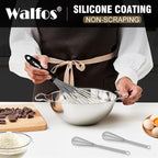 Walfos Whisk, Silicone Whisks Set of 5, Mini Stainless Steel Whisk 7in+5in and Non Scratch Coated 7+9+11in Whisks, Suitable for Blending, Whisking, Beating, Frothing & Stirring. (Grey)