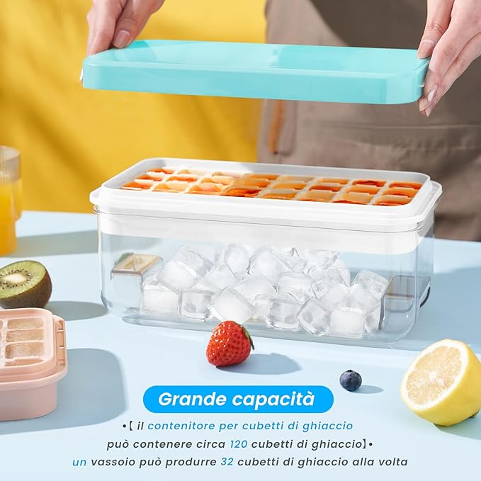 Ice Cube Tray with Lid and Bin, 32 pcs Ice Cubes Molds, Ice Trays for Freezer, Ice Cube Tray Mold, with 1 tray, Ice Freezer Container, Spill-Resistant Removable Lid & Ice Scoop, for Whiskey,Cocktail