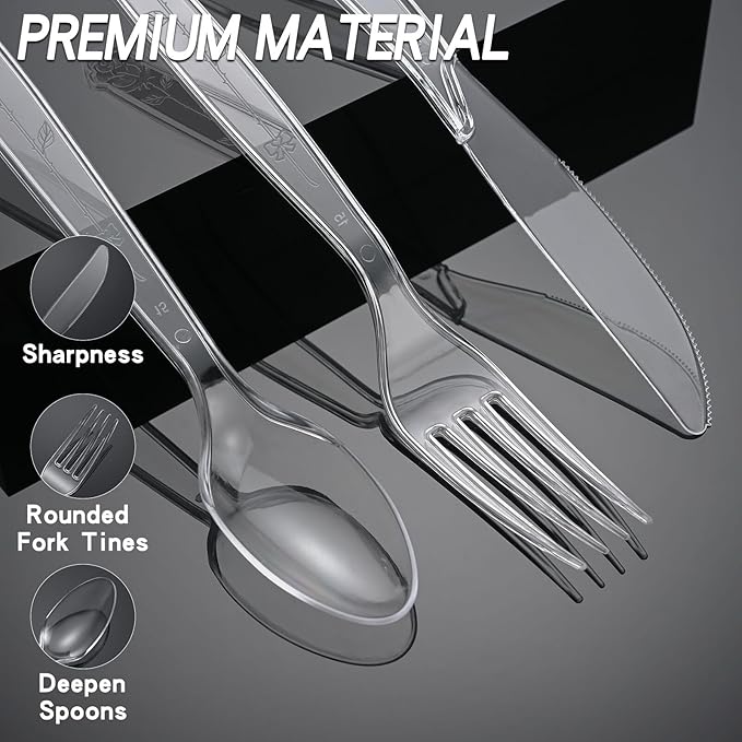 100 Count Extra Heavy Duty Clear Plastic Forks Disposable, BPA-Free, Heat Resistant, Durable Disposable Forks Bulk for Catering & Events 、Party Supplies