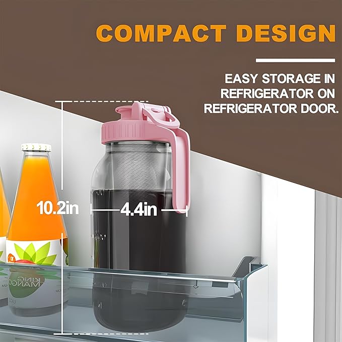 Cold Brew Coffee Maker Jar - 64oz Thick Glass Multipurpose Mason Pitcher Spout Lid with Handle & Stainless Steel Filter for Iced Coffee, Lemonade, Ice Tea, Homemade Fruit Drinks Container