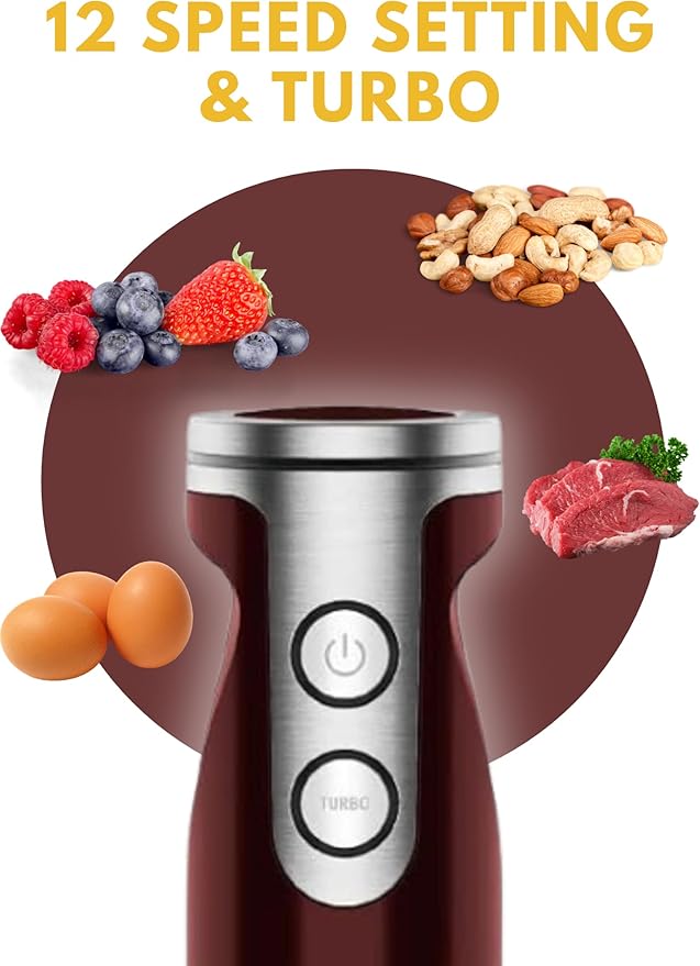 Megawise 3-in-1 Hand Blender – 12-Speed, Includes Powerful Blender Stick, Whisk, and Milk Frother – Easy to Clean and Perfect for Smoothies, and More (Red)