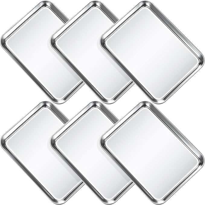 6 Pcs Baking Sheet Pan Set 9 x 6.7 x 1 inches Cookie Sheet Small Toaster Oven Pans Stainless Steel Tray Barbecue Grill Pan Rectangle Trays Oven, Non-stick, Easy Clean