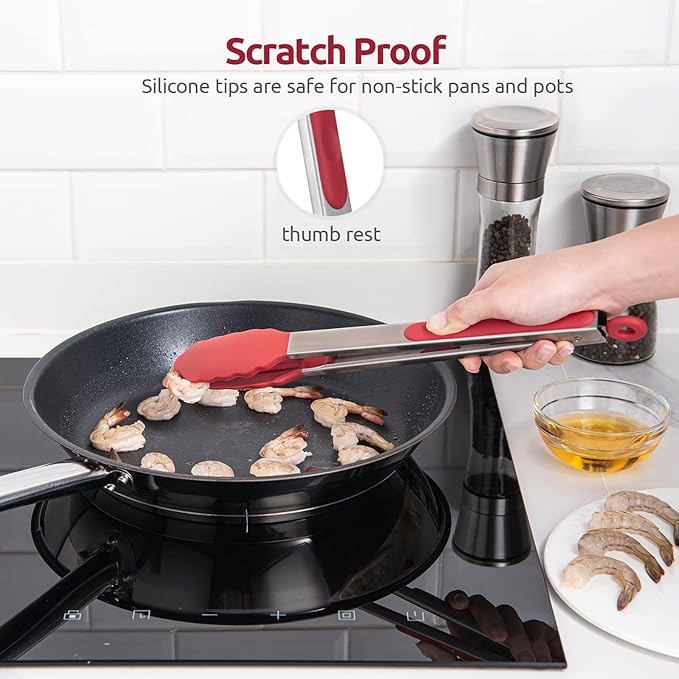 600ºF Heat Resistant Kitchen Tongs: U-Taste 12 inch Large Silicone Cooking Tong with Sturdy Non Stick Rubber Tips & Silicon Coated 18/8 Stainless Steel Handle & Smooth Locking for Serving Grill (Red)