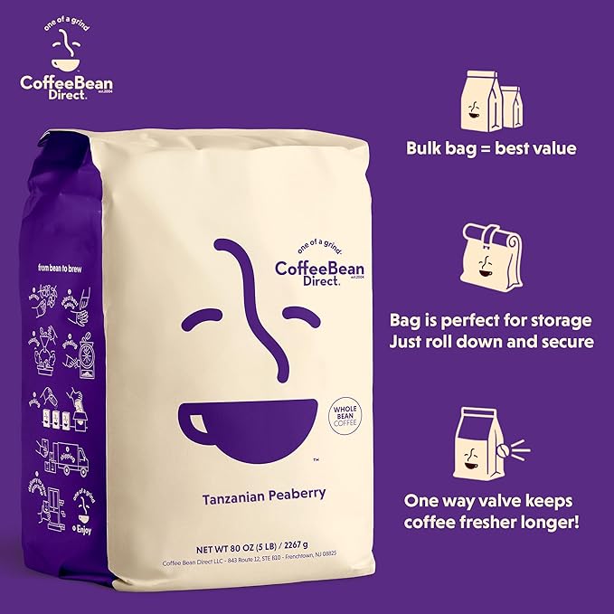Coffee Bean Direct Tanzanian Peaberry, Whole Bean Coffee, Light Roast, 5 Pound Bag (Pack of 1)