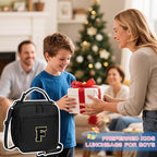 Initial Insulated Lunch Bag for Boys Kids, Back to School Gift, Reusable Leak-proof Lunch Box with Adjustable Strap for School Daycare Travel Picnic（Black，F）