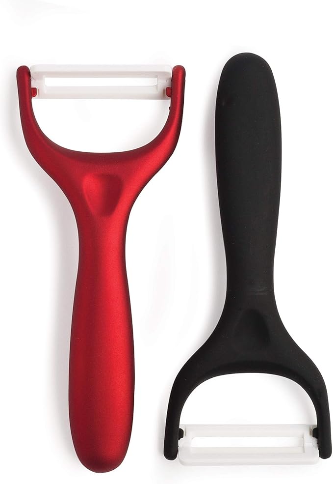 Cooking Light Ceramic Peeler Set with Ultra Sharp and Durable Blades, Ergonomic Handles Black and Red Kitchen Tools, 2 Piece, Black/Red