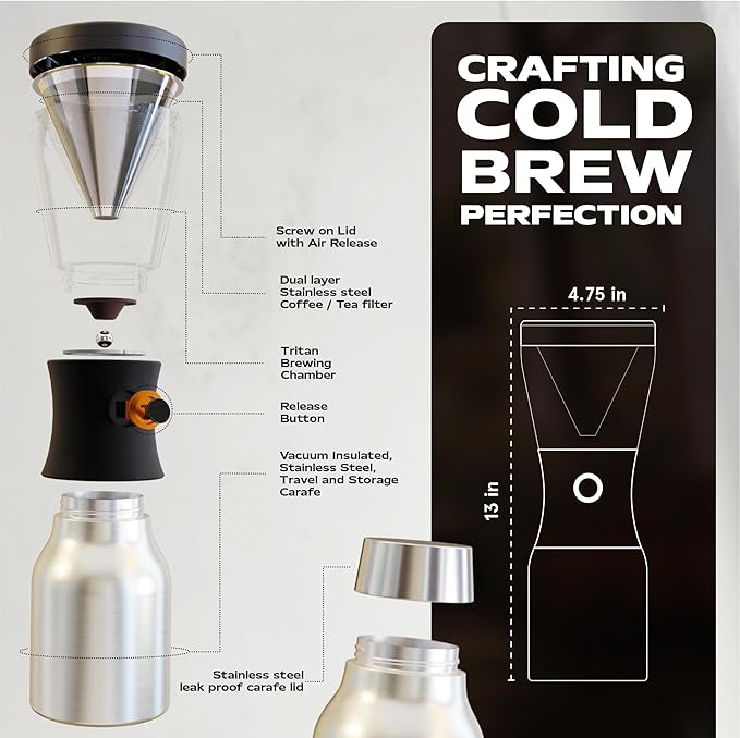 asobu Cold Brew Coffee Maker, Award-Winning 40oz Insulated Cold Brew Brewer with Portable Stainless Steel Carafe – No.1 Europe Coffee Fest Winner, Leakproof, BPA-Free, Keeps Cold 24H