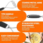 Potato Masher Set of 2 Pieces, 10.25-Inch Stainless Steel Wire Mashed Potato Masher, Kitchen Gourmet Making Tools Professional Integrated Honeycomb, For Vegetable, Fruit, Melon, Potato Etc, Black
