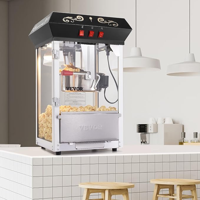 VEVOR Popcorn Maker, 850W Popcorn Popper Machine, 8 Oz Kettle Makes 48 Cups per Batch, Countertop Popcorn Maker with Tempered Glass, Includes 4 Scoops, Movie Theater Style, Black