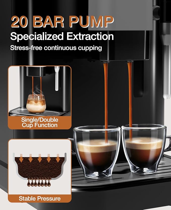 IDEALHOUSE Fully Automatic Espresso Machine with Grinder and Milk Frother, Touchscreen Coffee Maker, 20 Bar Pressure, 1.5L Water Tank, One-Touch Latte and Cappuccino