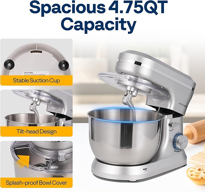 VIVOHOME 4.75 Quart Stand Mixer, 8 Speed Kitchen Electric Food Mixer, Household Stand Mixer for Baking, Cake, Bread with Beater, Dough Hook, Wire Whip and Egg Separator, Silver