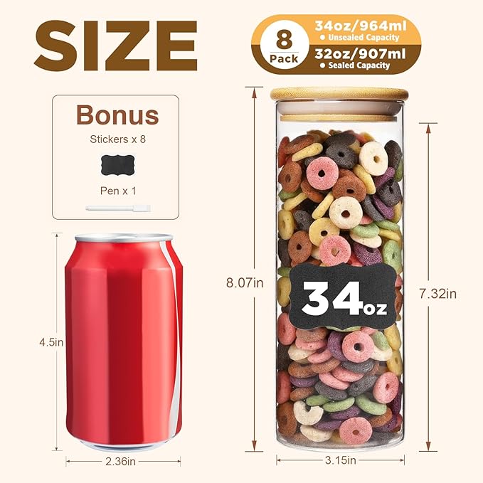 34oz Glass Food Storage Jars, Glass Jars with Bamboo Lids, Kitchen Storage Jars, Set of 8, Canisters with Airtight Lids for Spice, Coffee, Cookie, Pantry Organizers