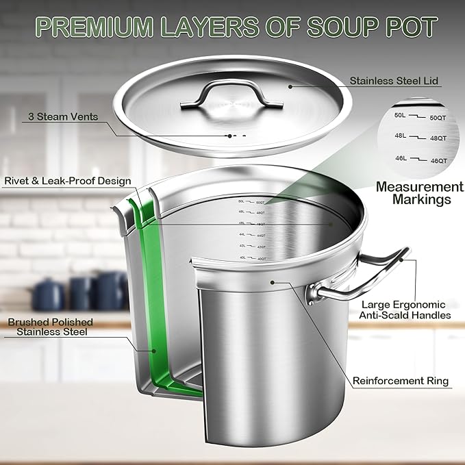 Stainless Steel Stockpot – 50QT Stock Pot with Lid, Heavy-Duty Tri-Ply Bottom Cooking Pot for Canning, Boiling Beer Brewing, Soup, Seafood Boil – Satin Finish Stainless Steel Soup Pots