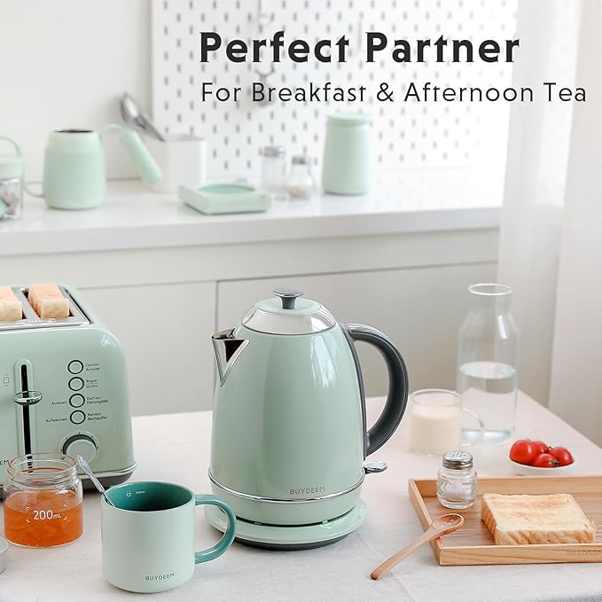 BUYDEEM K640 Stainless Steel Electric Tea Kettle with Auto Shut-Off and Boil Dry Protection, 1.7 Liter Cordless Hot Water Boiler with Swivel Base, 1440W, Cozy Greenish
