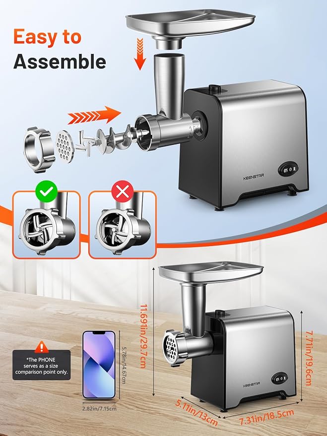 KEENSTAR 3000W Max Heavy Duty Electric Meat Grinder with Sausage Stuffer Maker & Kubbe Kit, Food Grinder with Blade & 3 Plates, Stainless Steel Meat Mincer Machine for Home Kitchen Use