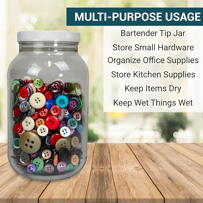 1 Gallon Large Plastic Jars with Lids (4 Pack) - Food Safe & Air Tight - Large Clear Plastic Jars with Lids - Wide Mouth Food Storage Containers - Kitchen & Pantry Organization by Billy Buckskin