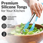 Zulay Stainless Steel Kitchen Tongs with Silicone Tips - Set of 2 (9” & 12”) Locking Cooking Tongs with Non-Slip Grip - Heat Resistant, BBQ Food Tongs for Non-Stick Cooking Pans (Silver/Light Blue)