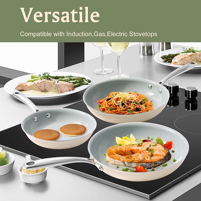 Cookware Ceramic Nonstick Frying Pans: 3Pieces Non Stick Skillet 8 9.5 11 Inches - Healthy Egg Fry Pans - Free of PTFE,PFOA,PFAS