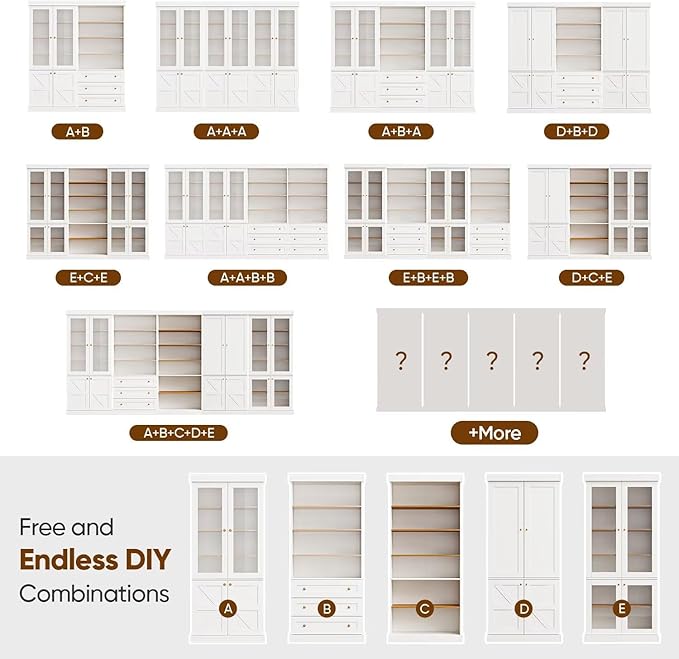 70.8" Tall Farmhouse Kitchen Pantry Cabinet with Glass Doors, Modular Storage Cabinet with 6-Tier Adjustable Shelves, White, Wooden Hutch for Kitchen, Living Room, Set of 4