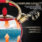 SUSTEAS Stove Top Whistling Tea Kettle - Food Grade Stainless Steel Teakettle Teapot with Cool Touch Ergonomic Handle, With 1 Silicone Pinch Mitt Included, 2.64 Quart(RED)