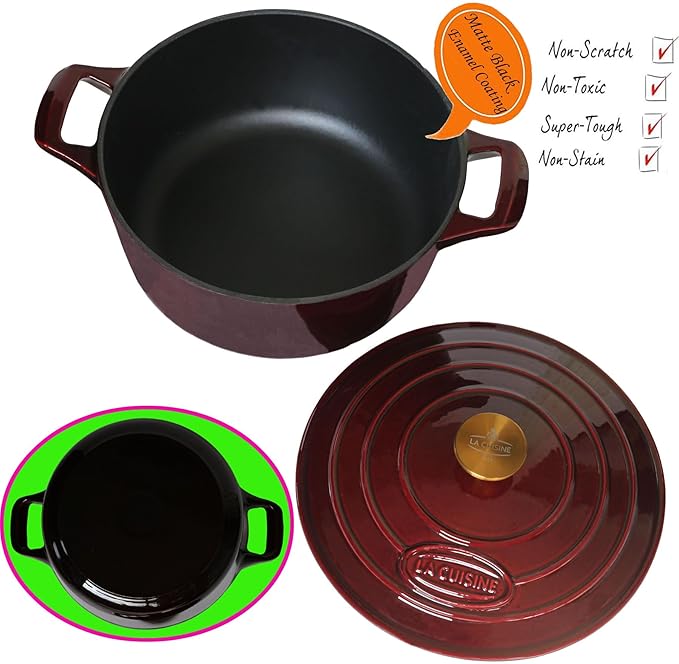 La Cuisine Enameled Cast Iron Dutch Oven Casserole Dish Pot with Lid, 2.1 QT 7.9“ /20cm Dia. Internal Matte Black Enamel Coating, Gold-Plated SS Lid Handle Oven Safe up to 500° F, Cranberry